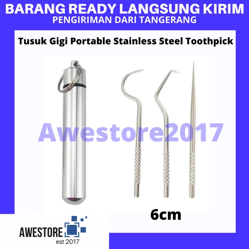 Tusuk Gigi Stainless Steel Tabung Gantungan Kunci Portable Besi Toothpick Travel Tooth Pick