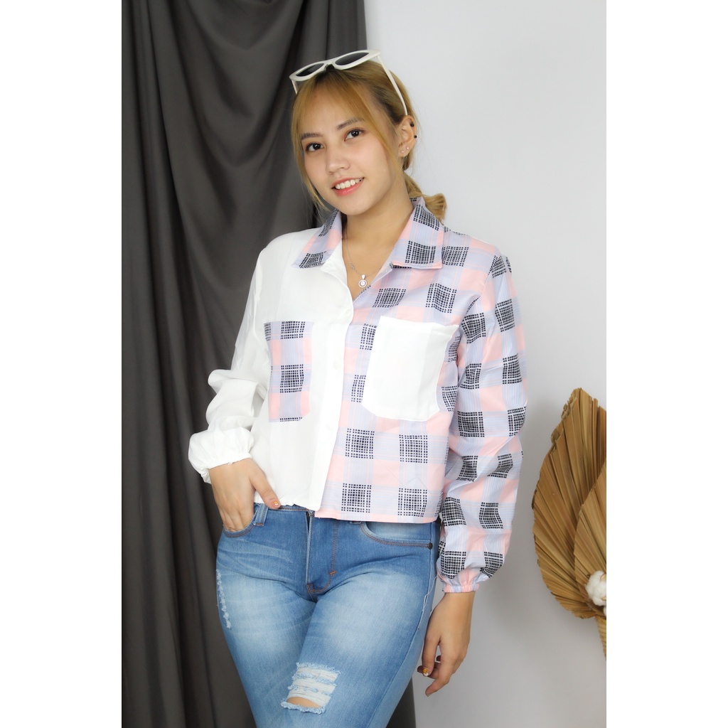 RX Fashion - Mika Crop Top Blouse // Shirt Top Tartan Two Tone // Kemeja Olive ( SPECIAL SALE - GRATIS ONGKIR )  - GA-PUTIH-GUILEN SALEM