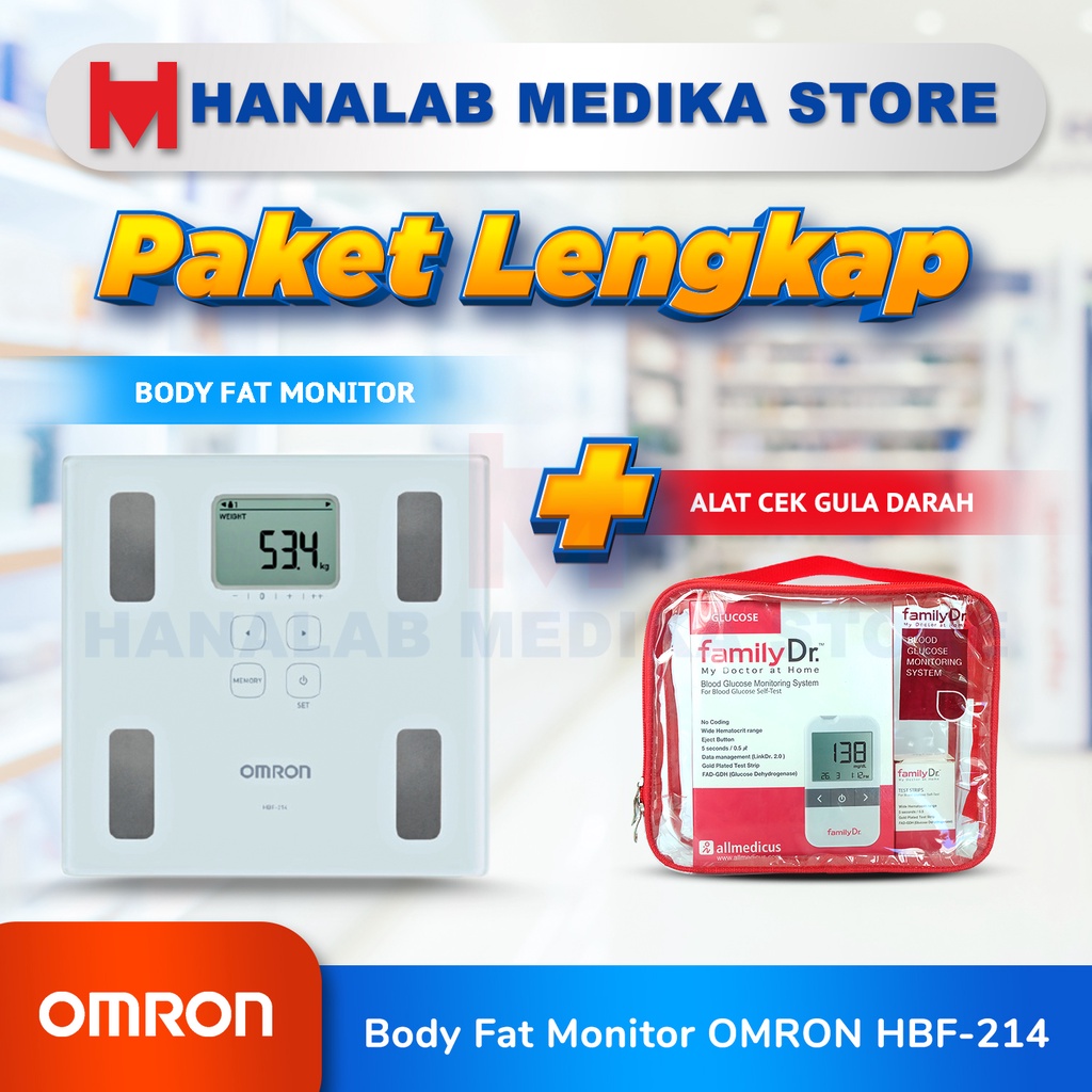PAKET LENGKAP body fat monitor OMRON HBF-214 plus alat cek gula darah /timbangan omron HBF-214