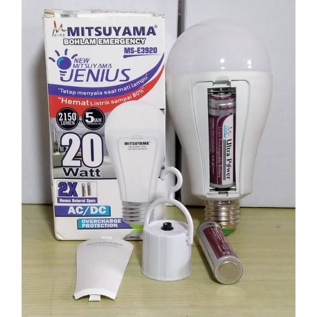 Lampu LED Bulb Emergency Jenius 20w Mitsuyama E3920 + 2Battery 18650 Fitting Gantung DC Cahaya Putih