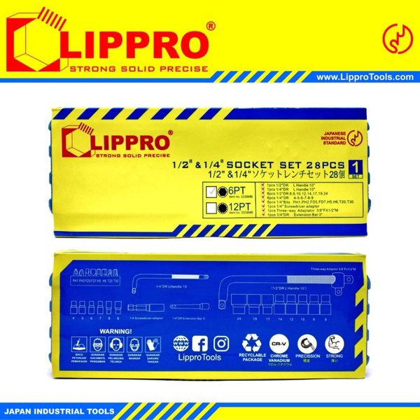 LIPPRO 3338MB KUNCI SHOCK SET 28 PCS 6PT BOX PLASTIK 1/2 &amp; 1/4 DR SOCKET