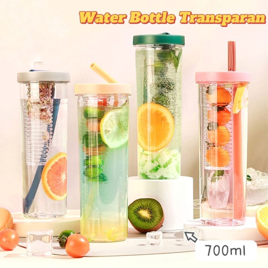 Botol minum 700ml transparan portable sedotan lipat