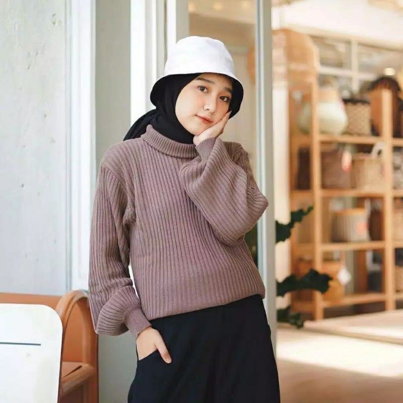 Sweater Blouse Turtleneck Wanita Variasi Lengan Balon