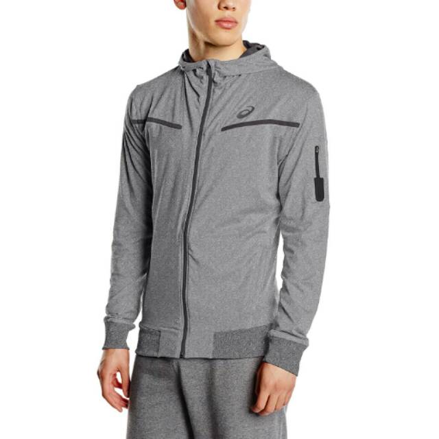 Asics Original FZ Hoodie Dark Heather Grey Men Pria Abu Jaket Lari Running Jacket Gym Training