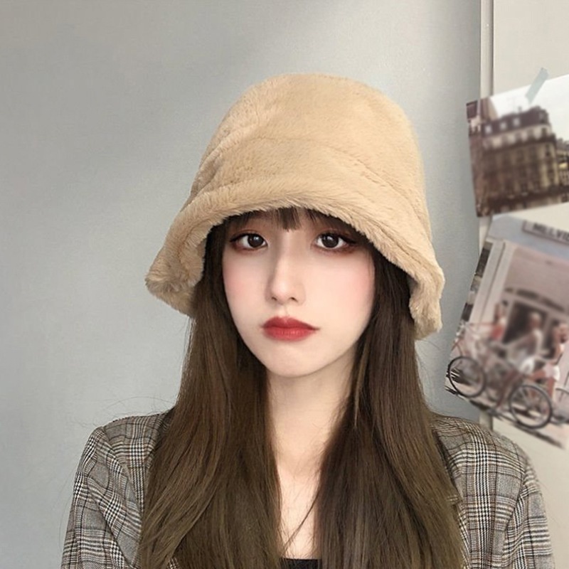 Topi Bucket Bahan Bulu Imitasi Tebal Hangat Untuk Wanita