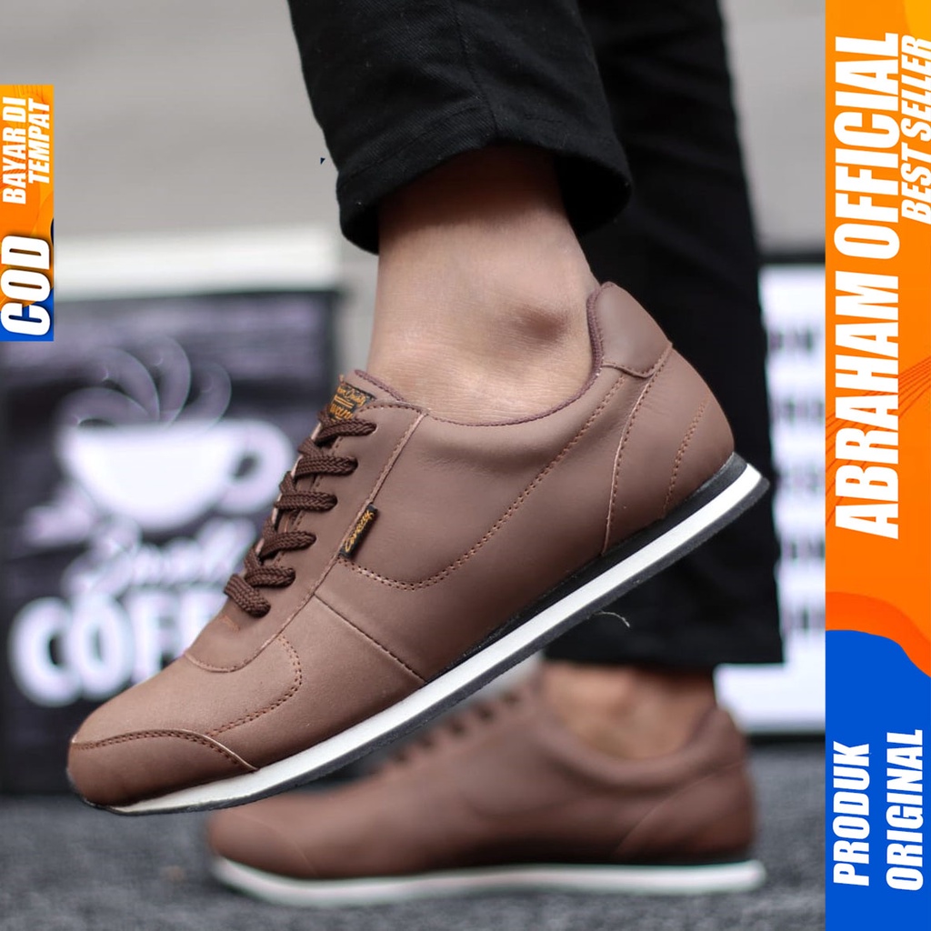 Sepatu Kulit Asli Sneakers Hitam Kerja Santai Pria Abraham Morley