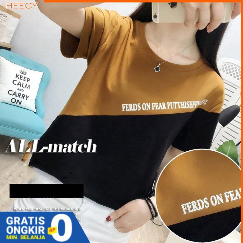 Kaos T-Shirt Casual Wanita Lengan Pendek Gambar Tulisan dan Hiasan Perca Import Gaya Korea