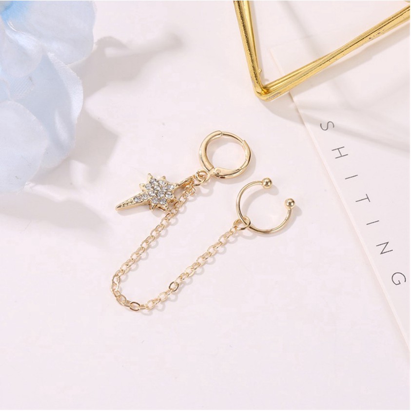 Anting Tusuk Earcuff Gantung Panjang Retro Gaya Korea Bentuk Bintang Klip Tulang Telinga Dalika