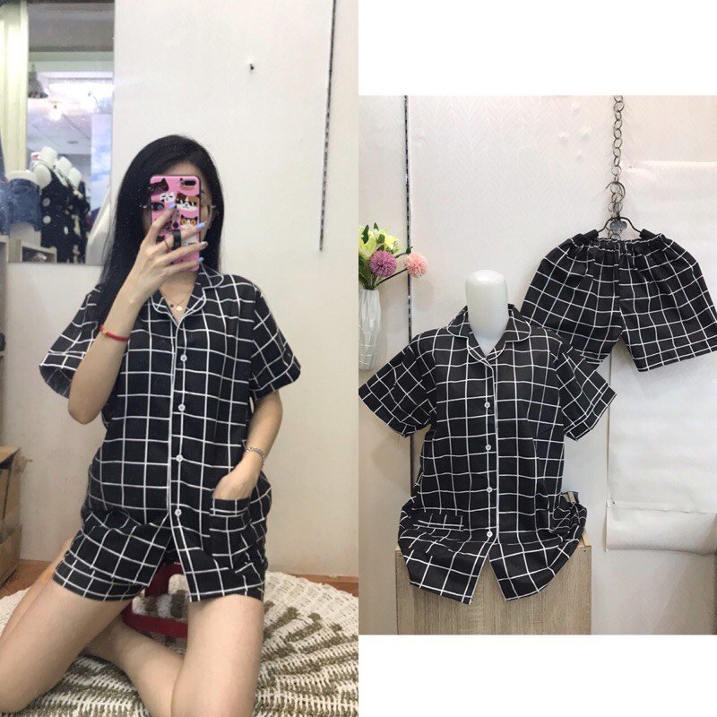 piyama/pajamas kotak&quot; HP katun hitam murah.homewear/sleepwear/bajutidur cwe PP tartan black kekinian