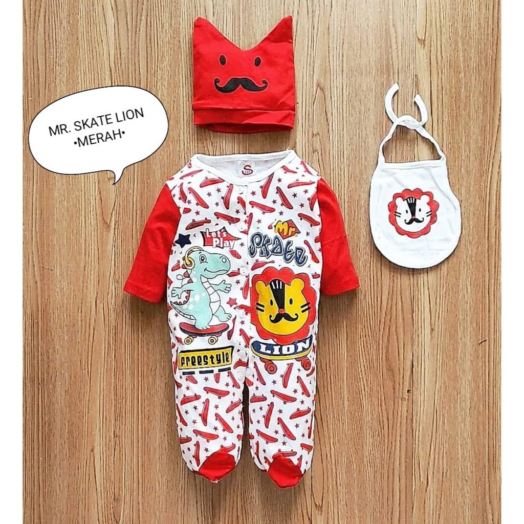 Klik Mds Jumper Anak Bayi Usia 0-6 Bulan Motif Mr. Skate Lion Free Topi Dan Slaber / Jumper Bayi