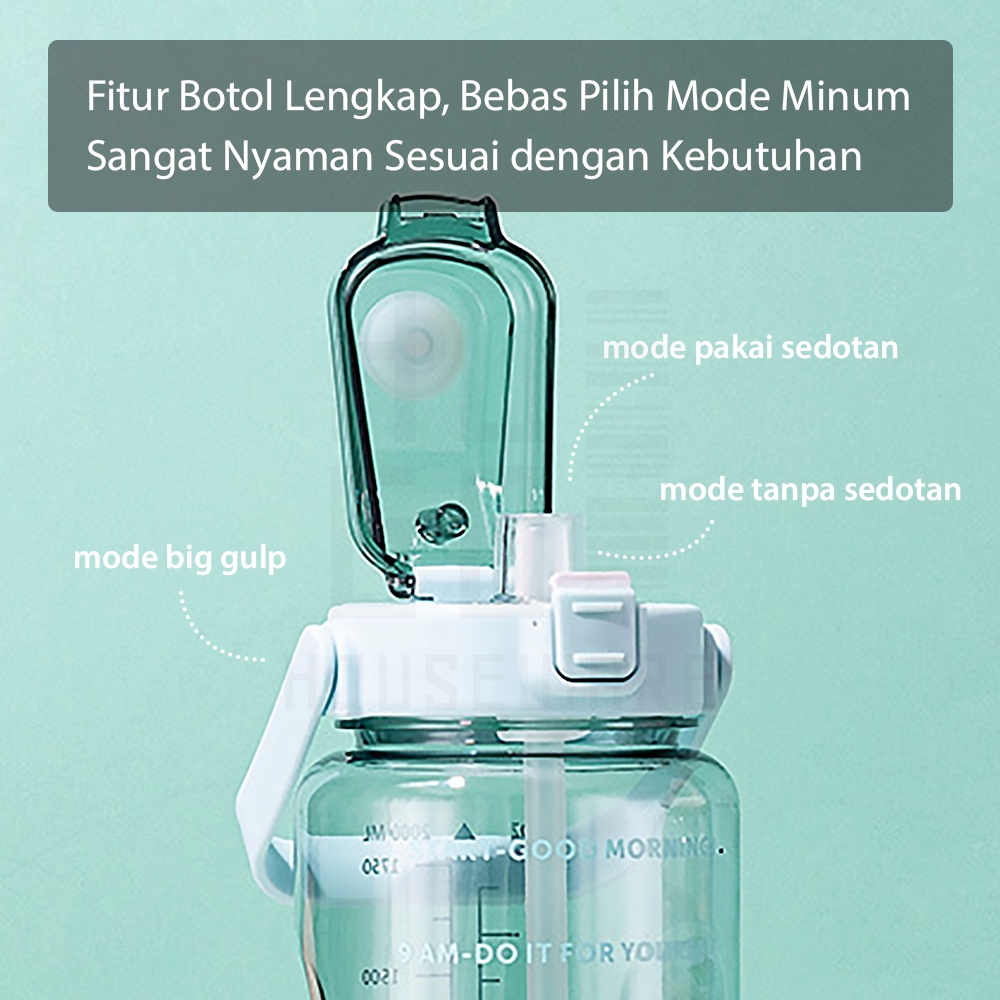 HUGO Botol Minum Motivasi 2 Liter Bening BPA FREE Gratis Stiker