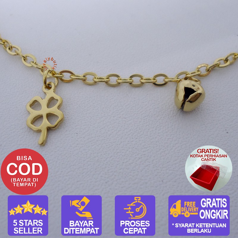 Lovelybutik  Gelang Kaki Titanium Anti Karat clover Lonceng Gelang Kaki Wanita BONUS KOTAK PERHIASAN