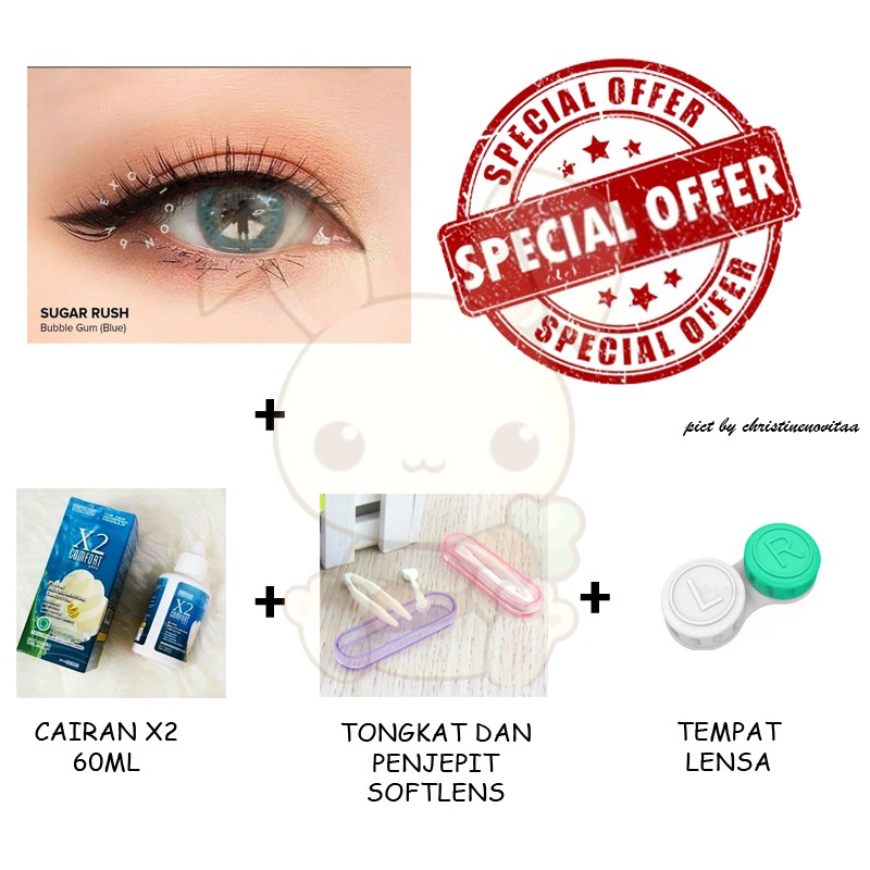 Paket Softlens X2 EXOTICON SUGAR RUSH 14.2mm (Normal) + X2 60 ml + Penjepit / Pinset