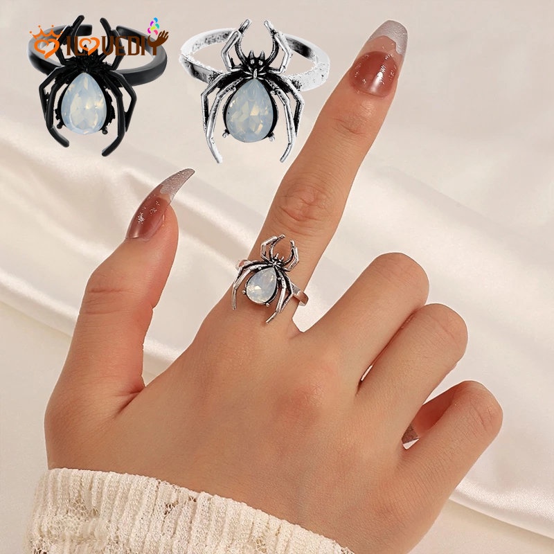 Cincin Model Terbuka Bahan Metal Desain Laba-Laba Hias Zircon Gaya Simple / Punk / Vintage / Populer Untuk Pria / Wanita