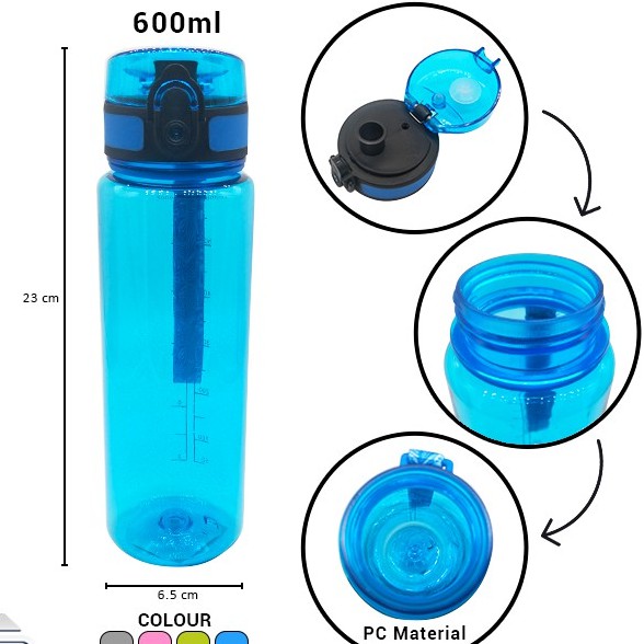 H207-1 [BENING] Botol Minum Sport Kancing Clip On 600ml Tumbler Air Polos +Tali