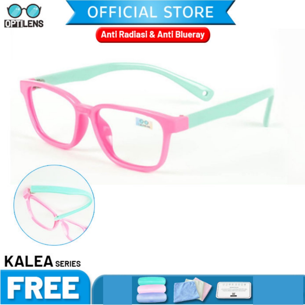 Optilens - Aluna Series Kacamata Anak Anti Radiasi Hp Komputer Antiradiasi Frame Elastis-Kalea Pink Tosca