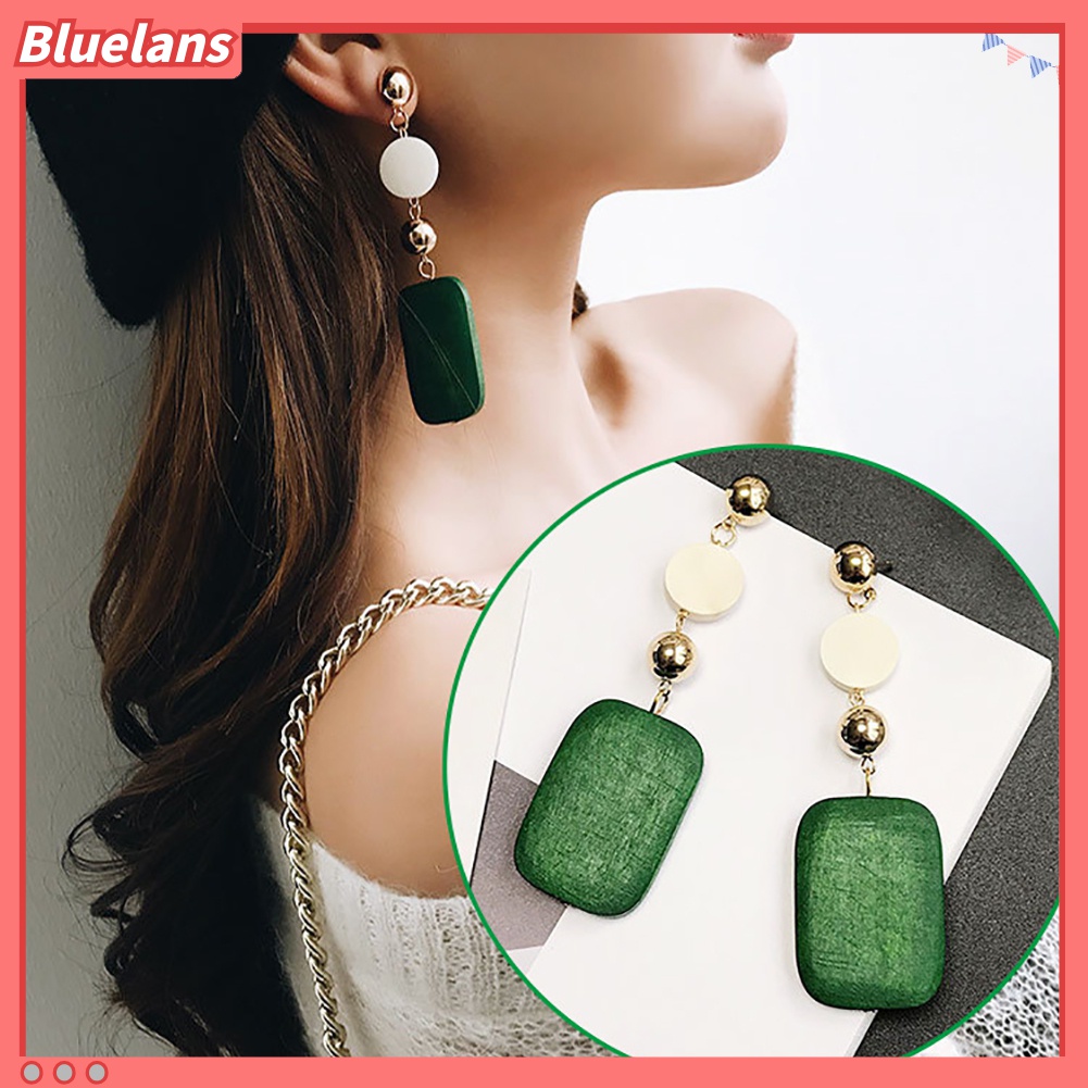 Anting Juntai Bentuk Bulat Persegi Geometris Bahan Kayu Gaya Retro Untuk Wanita
