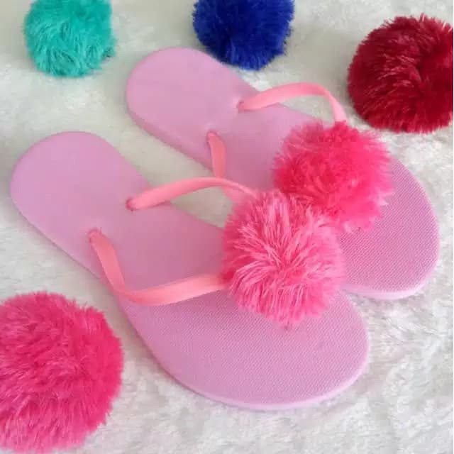 TERMUAH Sendal / Sandal Slop Wanita Cewek lebaran Ikhlasia Jepit Model Bulu - pink, 37 puasa ramadha