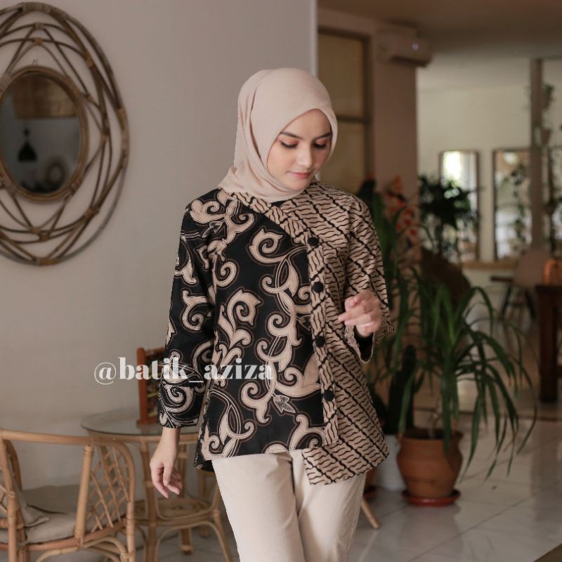 Batik wanita Atasan Batik Couple Batik Lengan Panjang by BATIK AZIZA-Blus Kangkung Hitam