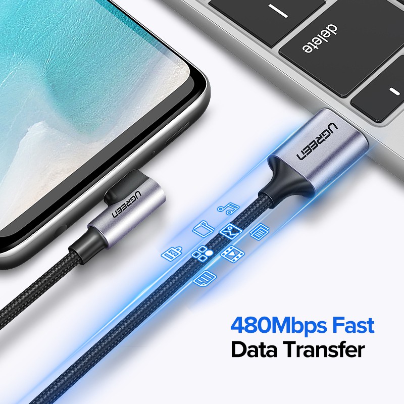 【Stok Produk di Indonesia】Ugreen Kabel Data / Charger USB Tipe C 90 Derajat Bahan Nilon Untuk Xiaomi Mi 8 / Samsung Galaxy S9 Plus