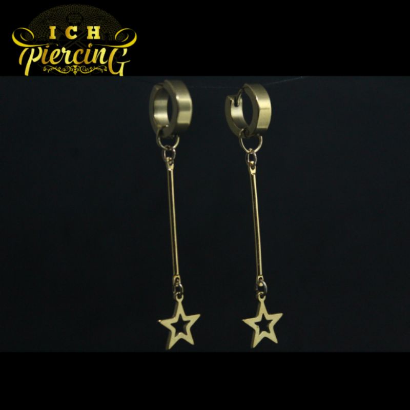 Anting Tindik dan jepit model gantungan bintang batang gold / Anting pria wanita