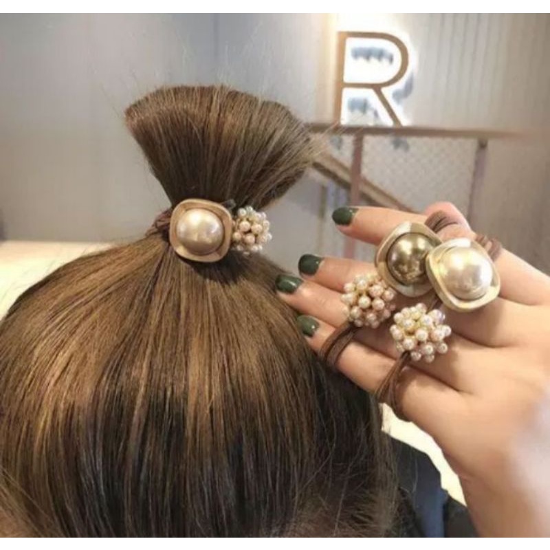 [ COD ] IKAT RAMBUT MUTIARA TALI FASHION KOREA / GELANG KARET MUTIARA / TALI