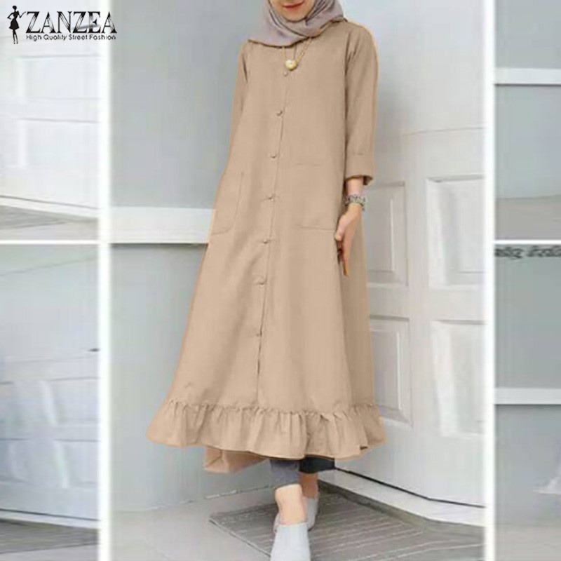 [PRINCESS KESLI]Wanita Vintage Lengan Panjang Kancing Bawah Dress Muslim Hem Frilled