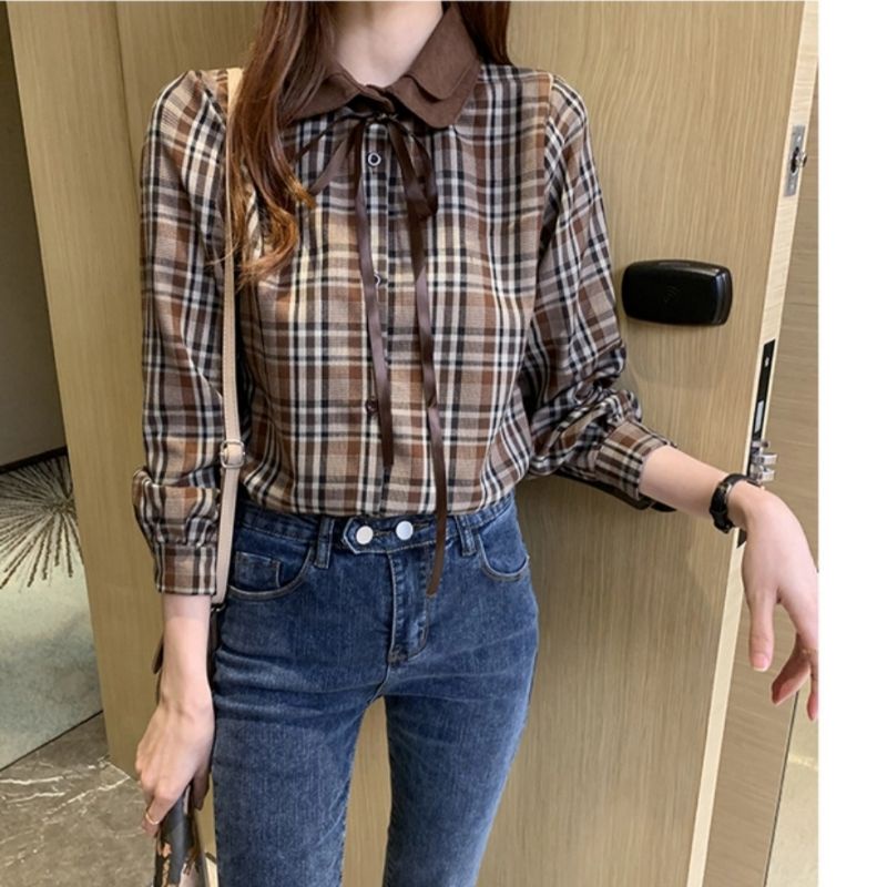 MDLV ~ 8451 Scottish Double Collar Shirt Women Plaid Shirt Premium Kemeja kotak Kemeja Twiscone Kemeja Lengan Panjang Kemeja Import Kemeja Casual Fashion Import