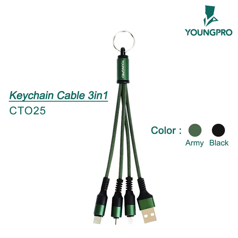 YOUNGPRO CTO25 KEYCHAIN KABEL DATA 3IN1 GANTUNGAN KUNCI USB iOS MICRO TYPE C - GARANSI 12 BULAN