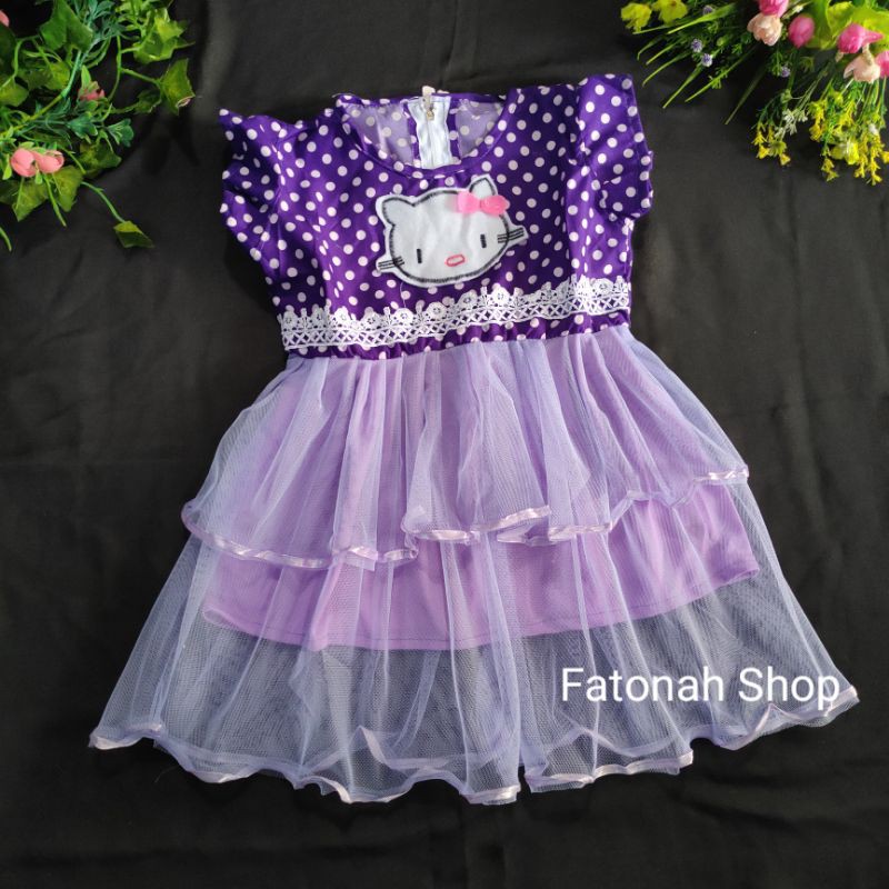 Dress anak 1-2 tahun gaun tutu anak cewek gaun anak perempuan hijau hellokitty ( dress SAP kitie )