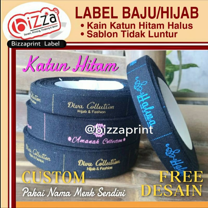 LABEL BAJU/HIJAB KAIN KATUN HITAM - CUSTOM NAMA MERK - ANTI LUNTUR