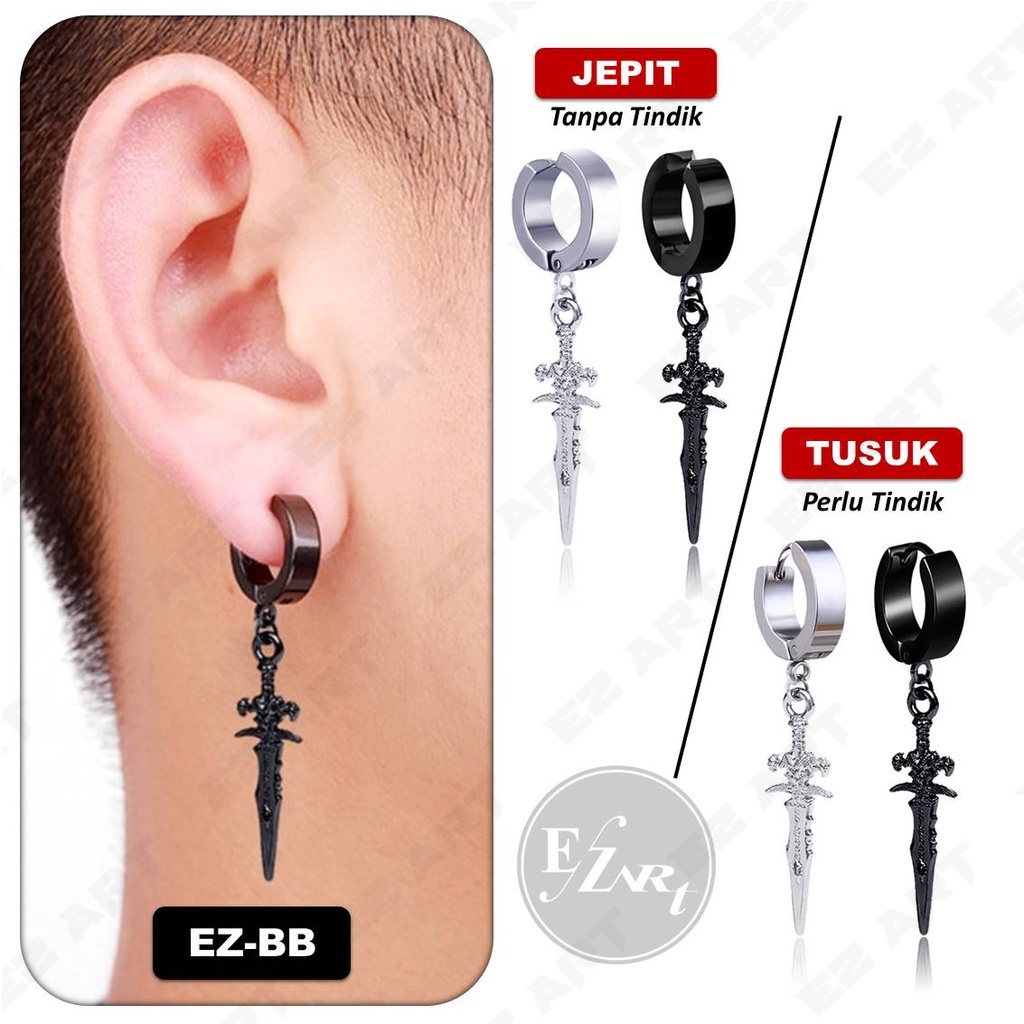 1Pc Model EZ-BB Anting Gantungan PEDANG SWORD Warna Hitam Silver Pria dan Wanita Jepit Tusuk KPOP BTS PUNK