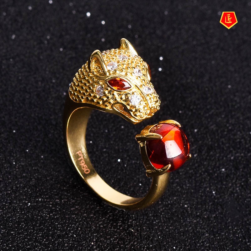 [Ready Stock]Domineering Leopard Head Ring Inlaid with Natural Garnet