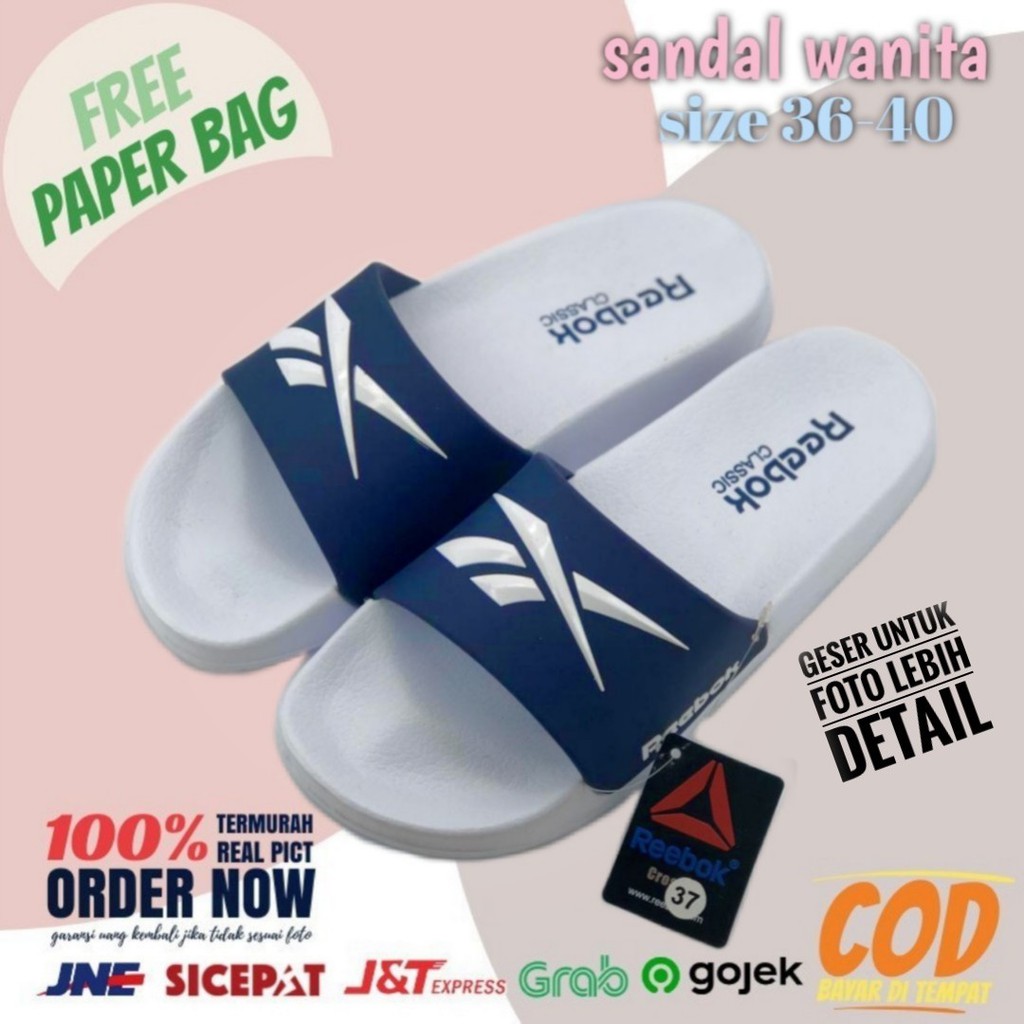 SENDAL WANITA REEBOK SLIDE SANDAL SPORT FLIP PUTIH NAVY IMPORT PREMIUM GRADE ORIGINAL MURAH