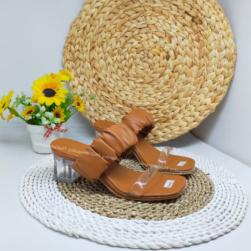 12.12 BRITHDAY SALE Tracy Sandal Wanita Kerut Scrunchie Hak Kaca 5cm Hp10