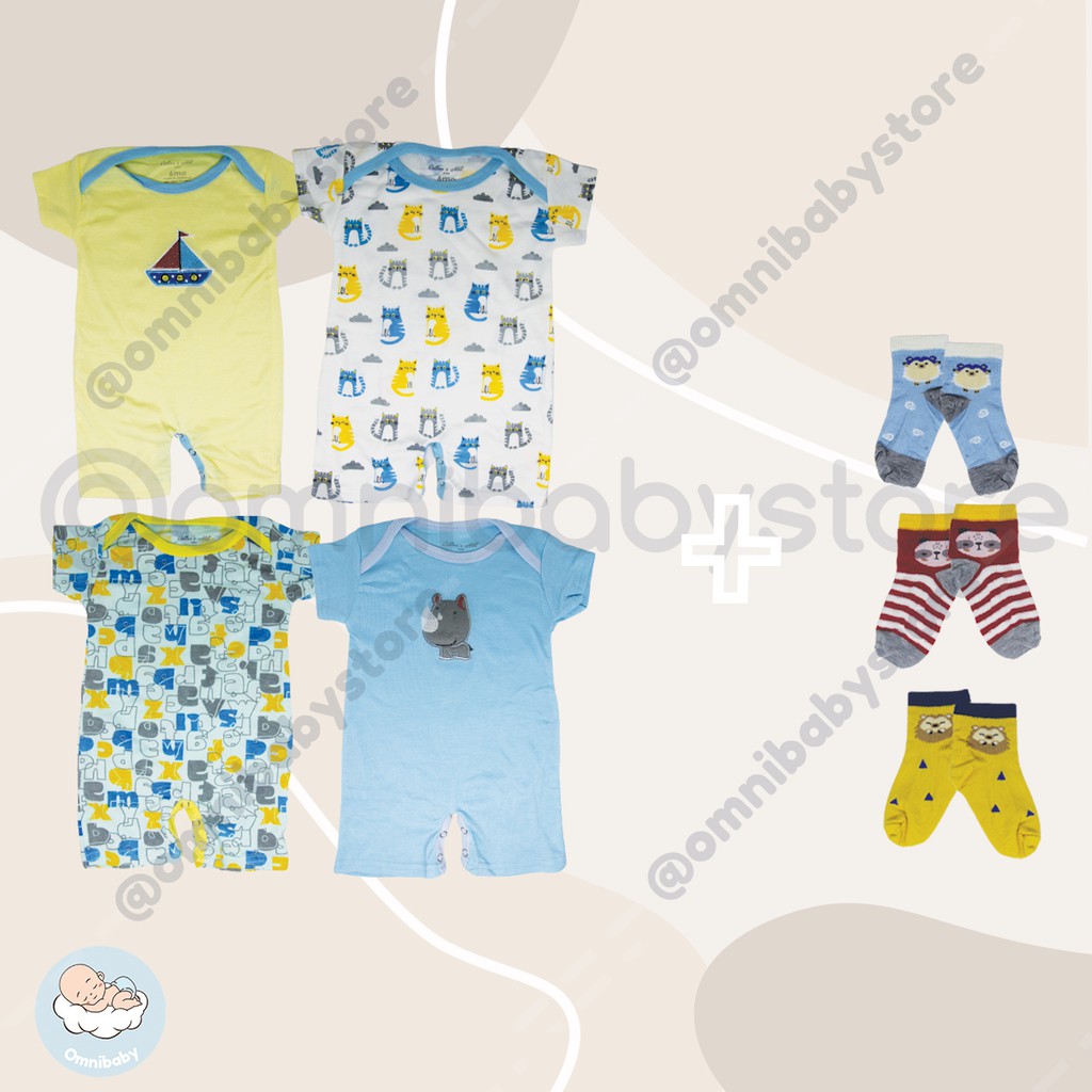 cotton's mill romper bayi laki laki, bayi perempuan giftpack 4in1 + kaos kaki baby