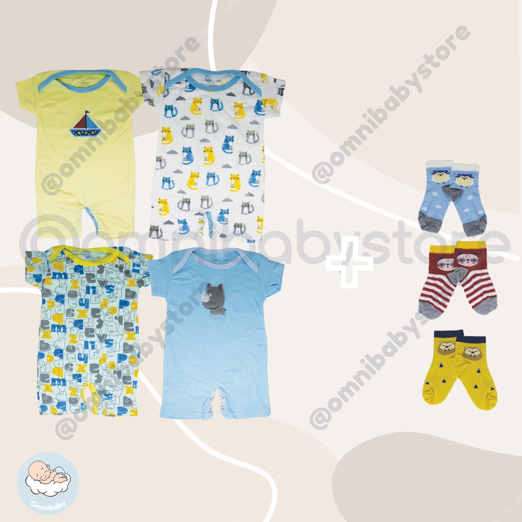 cotton's mill romper bayi laki laki, bayi perempuan giftpack 4in1 + kaos kaki baby