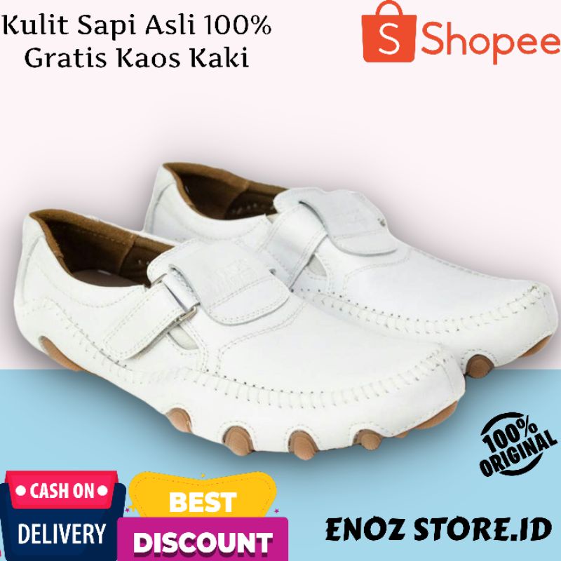 ENOX X ZIZOU - Sepatu Putih Kasual Pria Kulit Asli Slip On Keren Original Leather Formal Kerja Slop Cowo Modis Gaya Gaul Kekinian