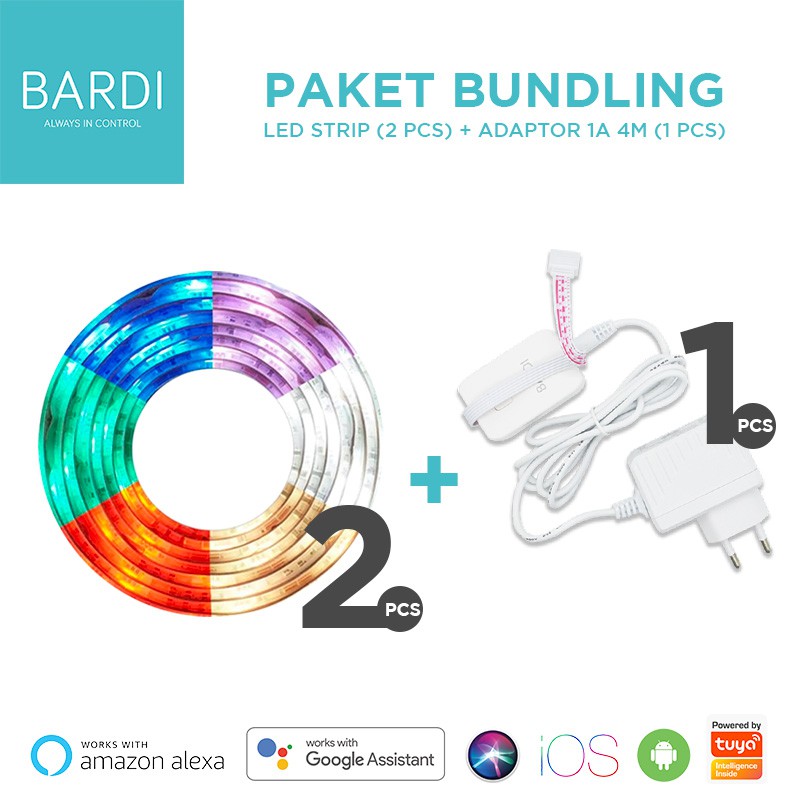 BARDI Bundling LED Strip RGBWW Wifi 2m & Adaptor 4m - Lampu Tidur & Belajar& Party Ambience