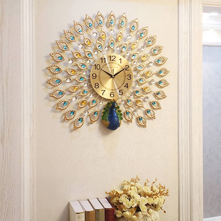 Jam Dinding Bulat Quartz Clock Diamond Peacock 60CM - H19 - Golden