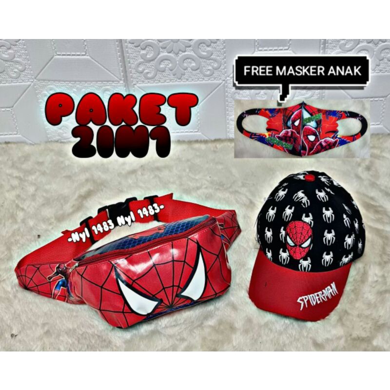 2in1 FREE MASKER waist bag anak spiderman topi anak spiderman tas selempang anak topi anak COD