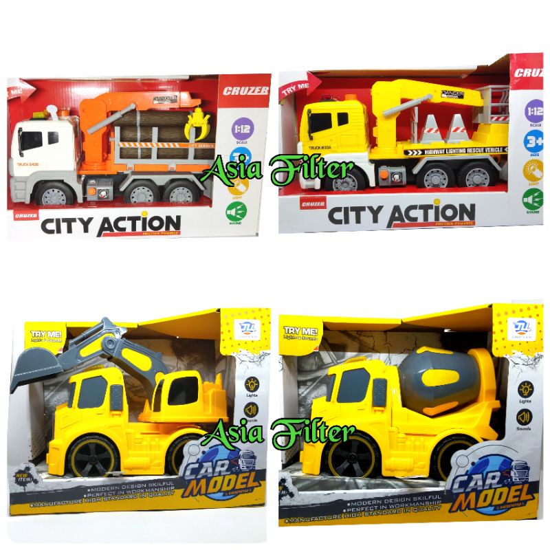 Mobil mainan City Action CRUZER - Truk angkut batang kayu, truk penyelamat, truk excavator, truck concrete, truk molen semen, mobilan