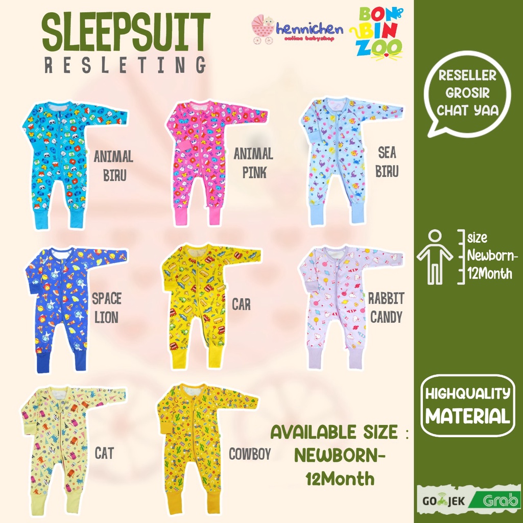 Sleepsuit Resleting Bonbinzoo SNI bahan halus 0-3 3-6 6-12 / S M L piyama bayi