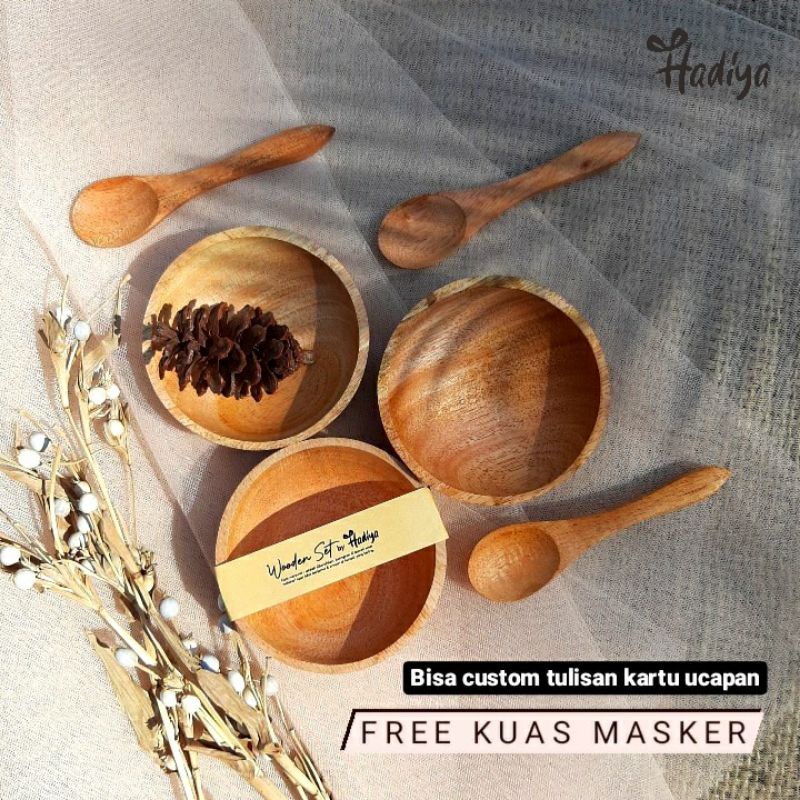 (FREE KUAS) Set Mangkok Masker Kayu Termurah / Mangkok Lulur / Set Mangkok Kayu Mahoni