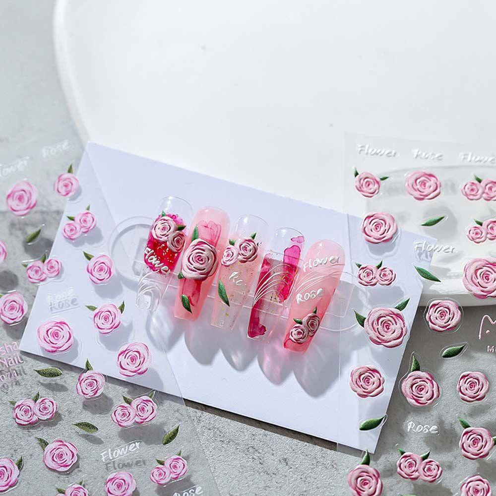 AUGUSTINA Agustina Bunga Stiker Kuku Relief Cherry Rose Self Adhesive Nail Art Dekorasi