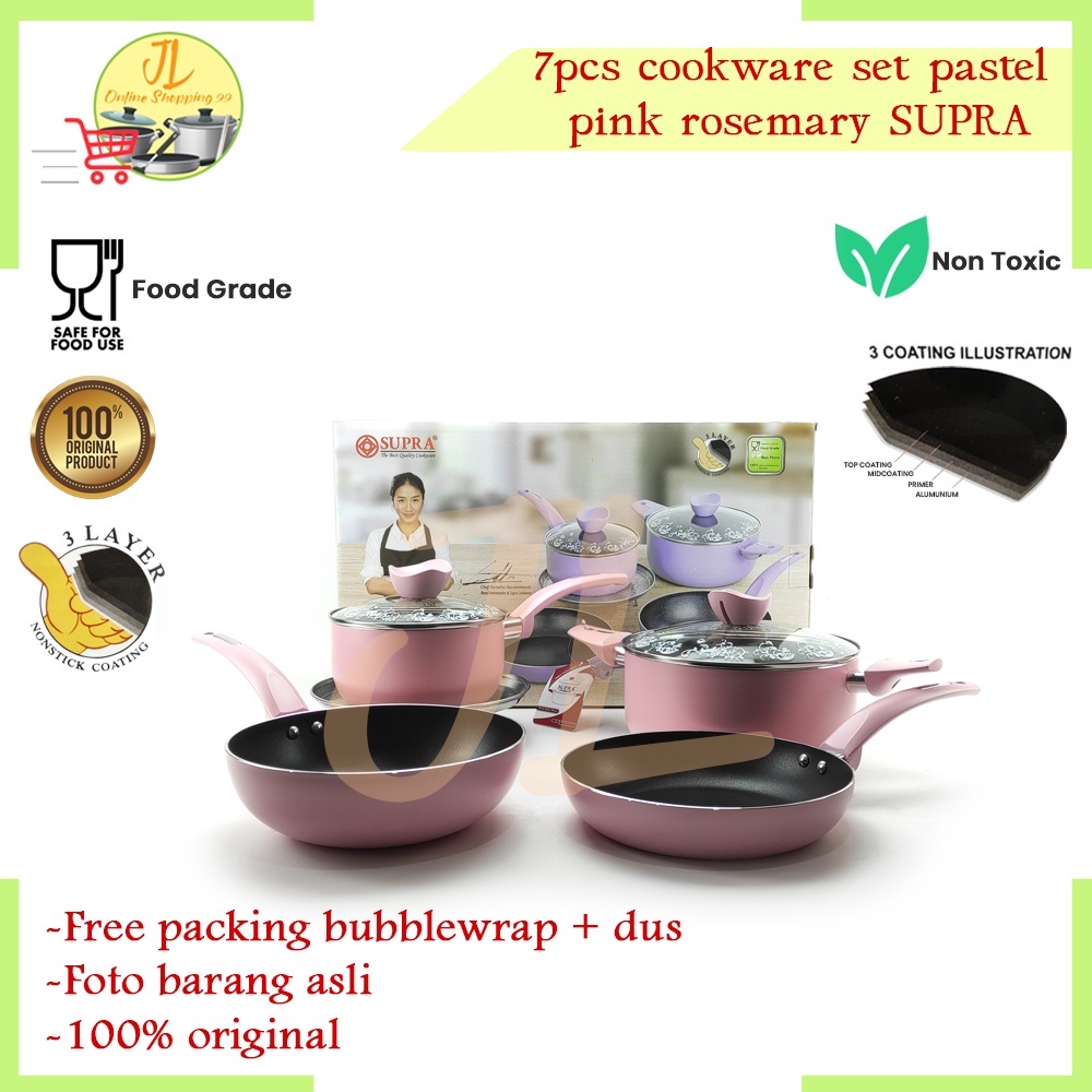 Wajan set anti lengket teflon / 7pcs cookware set pastel Pink SUPRA