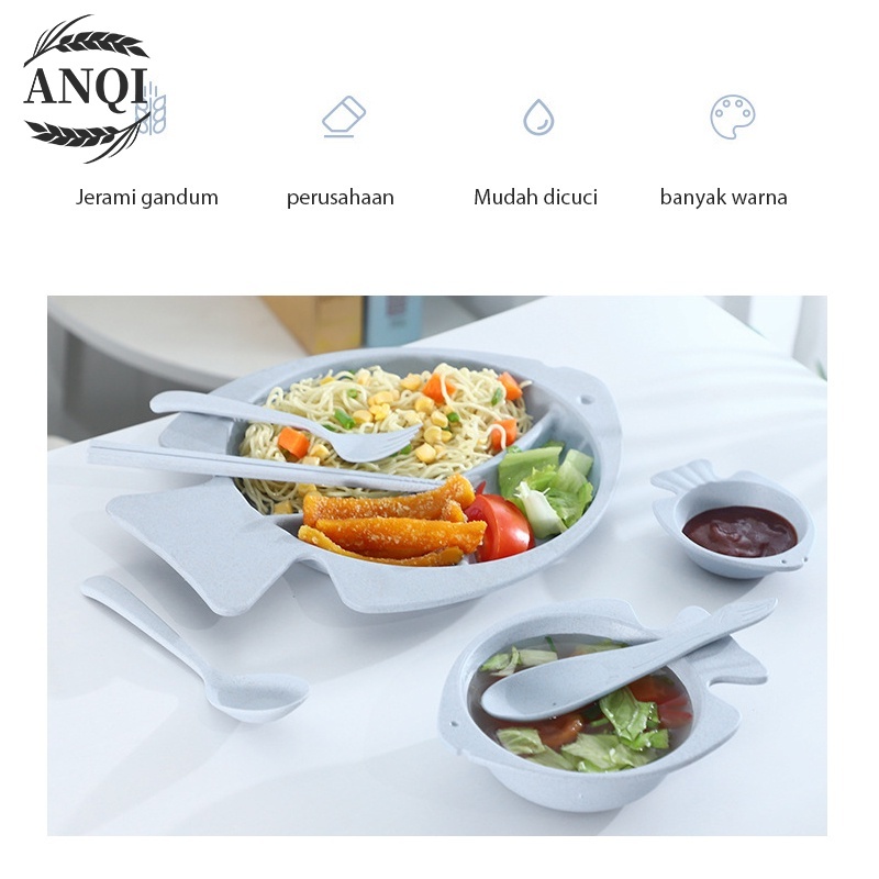 ANQI 1888 Piring 7 IN 1 Anak Piring Makan lucu Karakter Ikan Piring Makan Saji  Ramah Lingkungan  Biodegradable