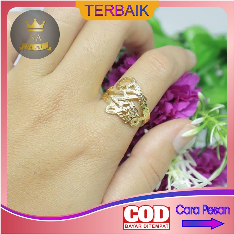 Cincin nama titanium anti karat lapis emas aksesoris fashion wanita korea couple huruf custom perak