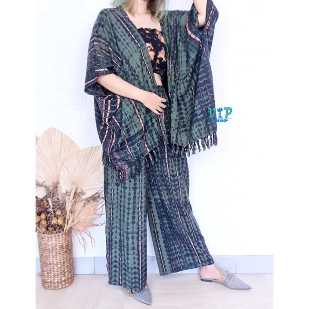 Set Outer Cardigan dan Kulot Tiedye Bali Lilit bohemian-Tiedye lilit hijau