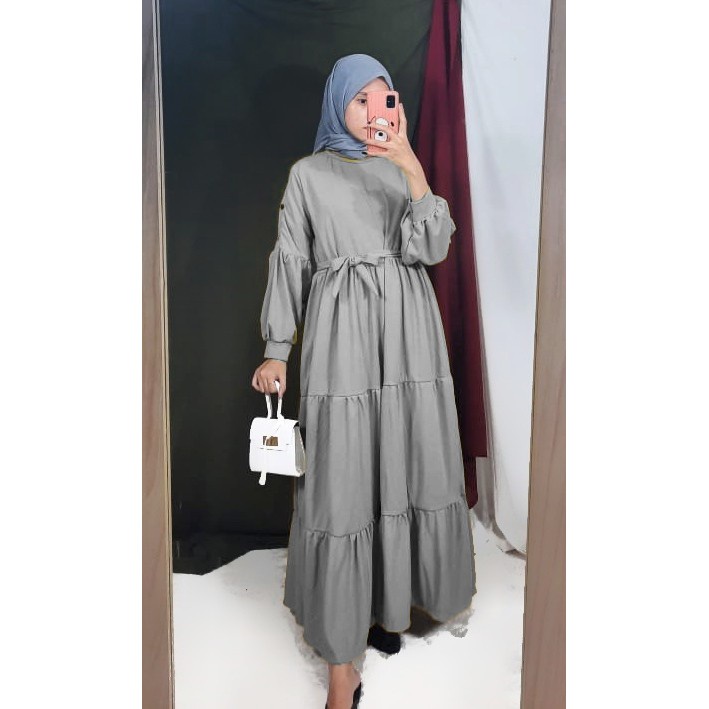 Gamis Wanita Lengan Panjang Fashion Muslim Devi Fit  L-XL Lingkar Dada 100cm Panjang 130cm-Devi Button Abu